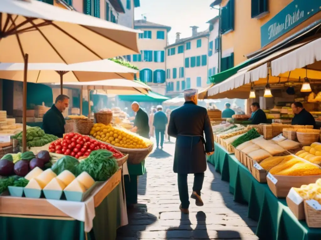 Un mercado italiano bullicioso con productos frescos y artesanales, donde se prepara pasta sin gluten