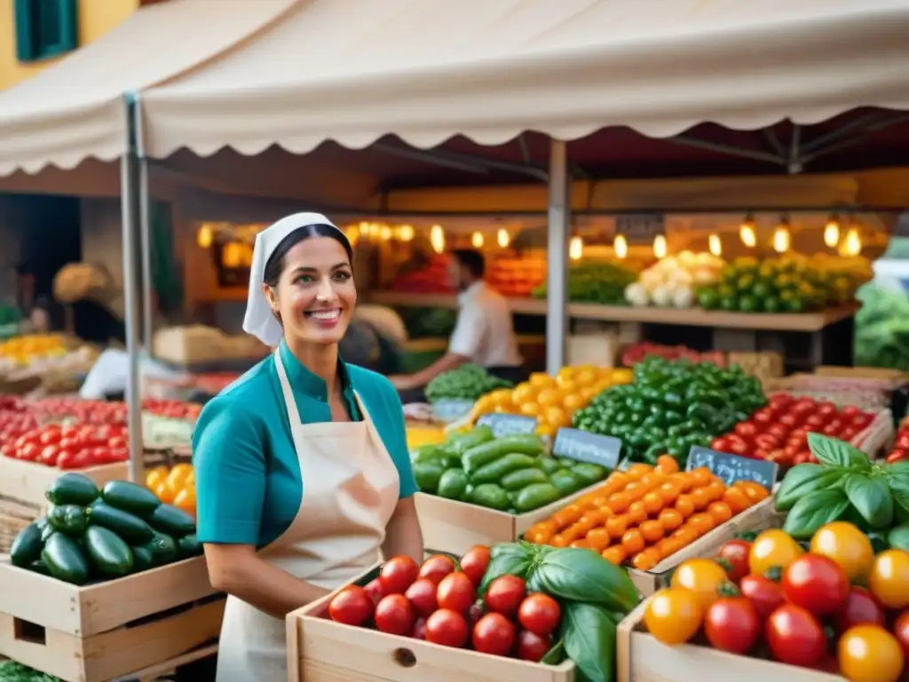 Un mercado italiano bullicioso con productos frescos y coloridos, vendedores apasionados y arquitectura tradicional