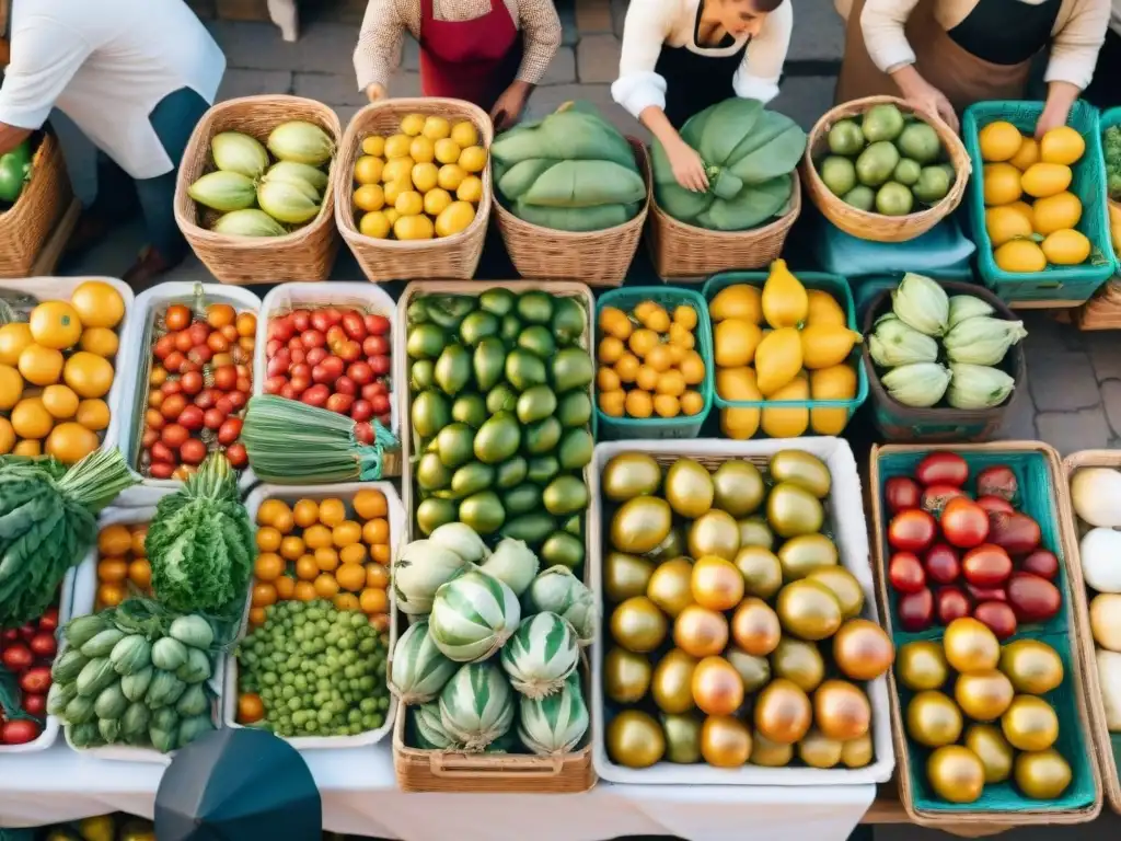 Mercado italiano bullicioso con productos frescos y coloridos