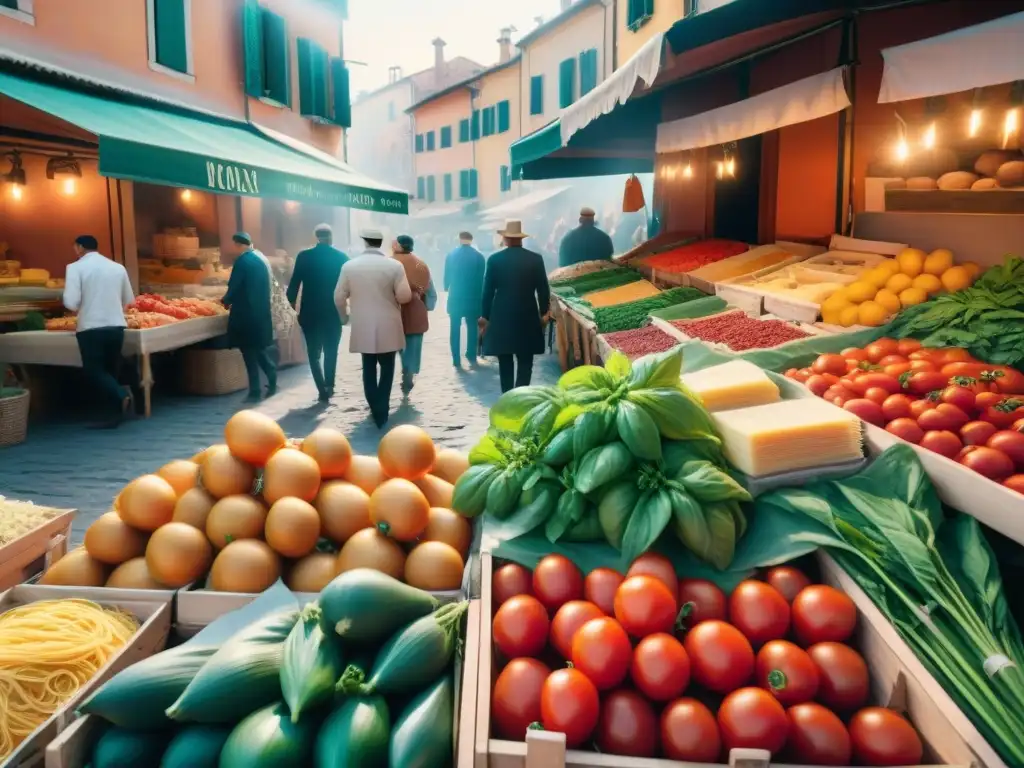 Un mercado italiano bullicioso con productos estrella cocina italiana éticos en vibrantes puestos