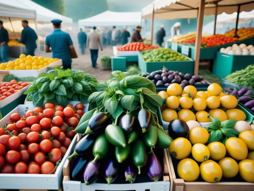 Un mercado italiano bullicioso con productos frescos y coloridos destaca las técnicas cocina italiana eficientes