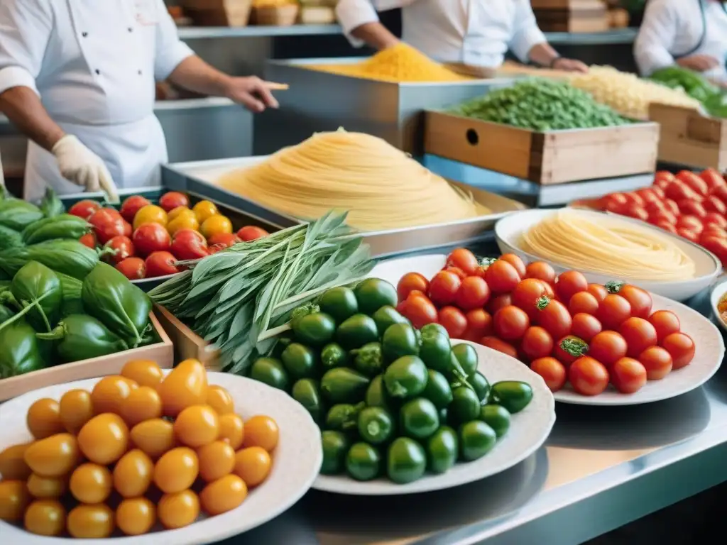 Un mercado italiano bullicioso con productos frescos y chefs preparando platos tradicionales