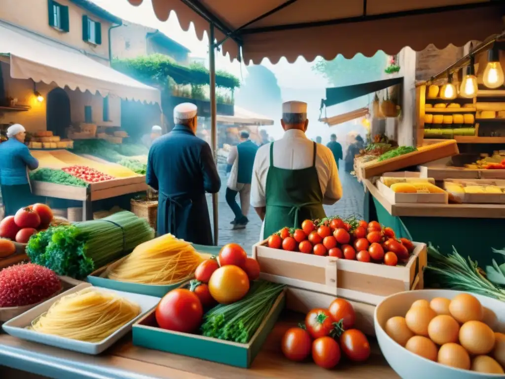 Mercado italiano bullicioso con productos frescos y nonna haciendo pasta, fusionando autenticidad y modernidad culinaria