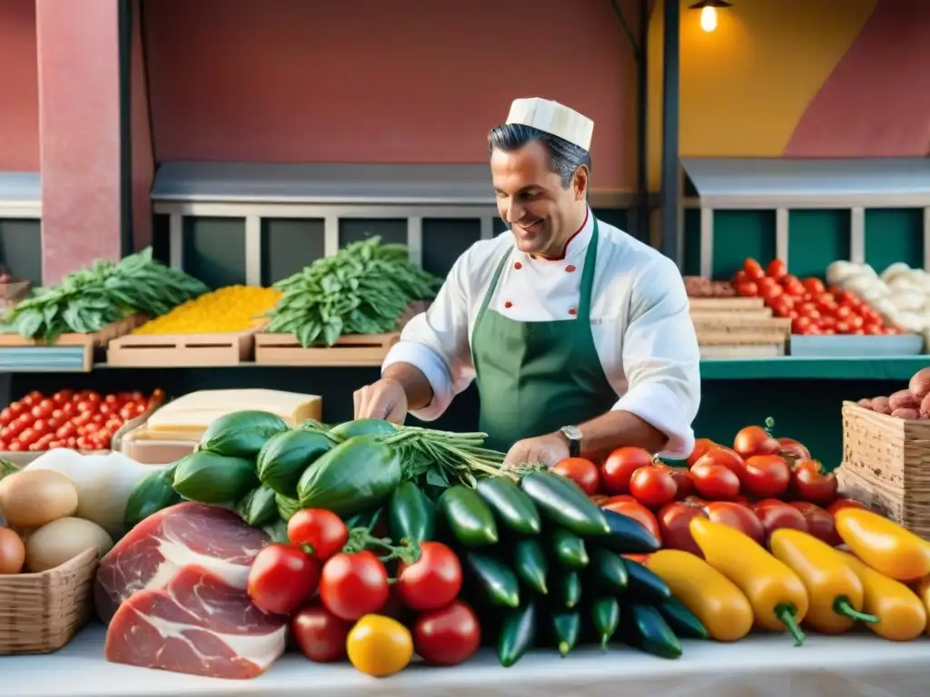 Un mercado italiano bullicioso con productos frescos y vendedores locales, reflejando la historia de cambios en los hábitos alimenticios en Italia