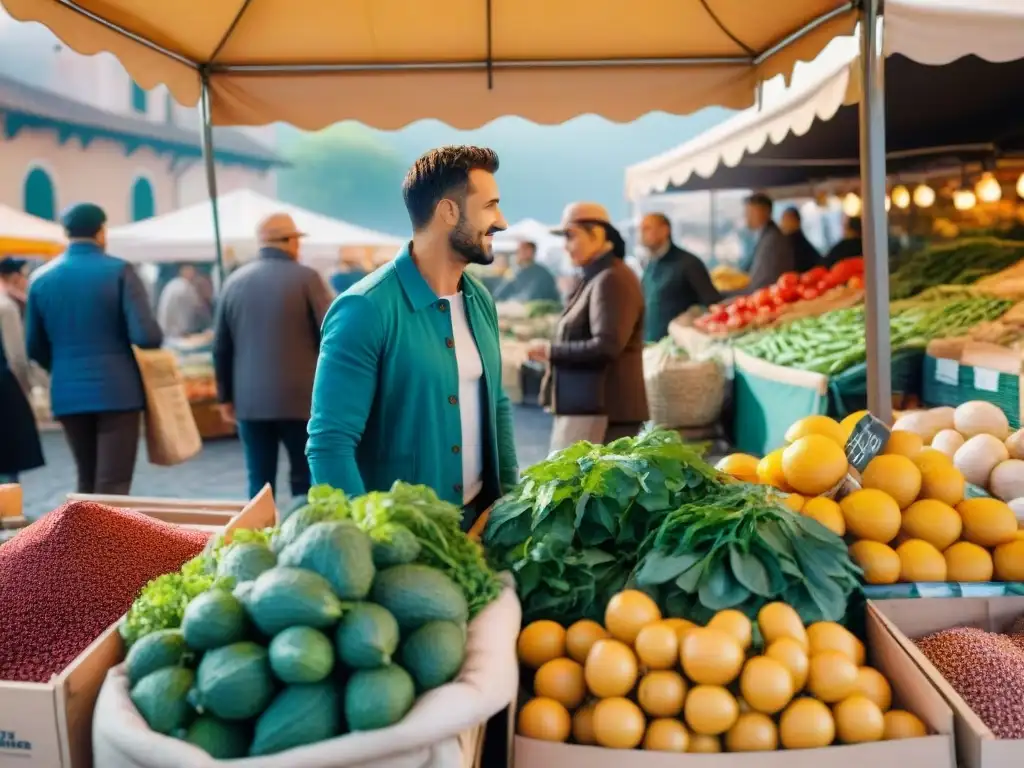 Un mercado italiano bullicioso con productos frescos y vendedores locales interactuando con clientes de diversas culturas