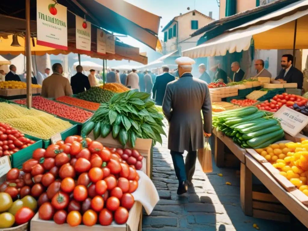 Un mercado italiano bullicioso con productos frescos y coloridos, vendedores apasionados y una nonna experta en cocina italiana sin gluten tradicional