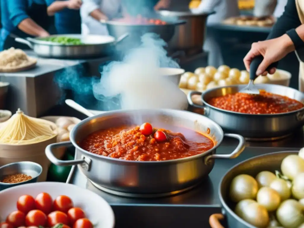 Mercado italiano bullicioso con productos frescos y nonna preparando salsa boloñesa