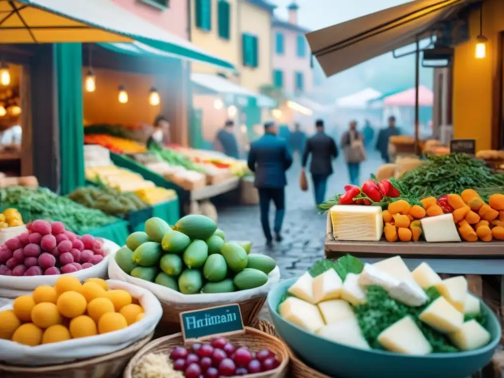 Un mercado italiano bullicioso con productos frescos y coloridos, quesos artesanales y pasta casera