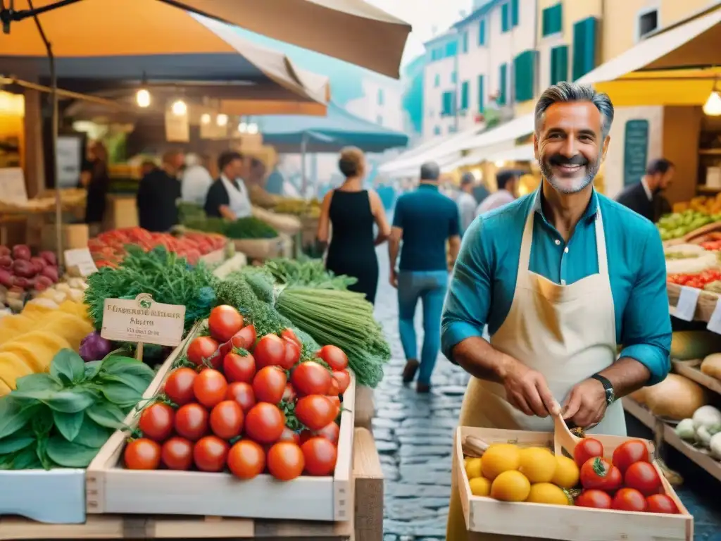 Un mercado italiano bullicioso con productos frescos y coloridos, vendedores locales y platos icónicos de la cocina italiana