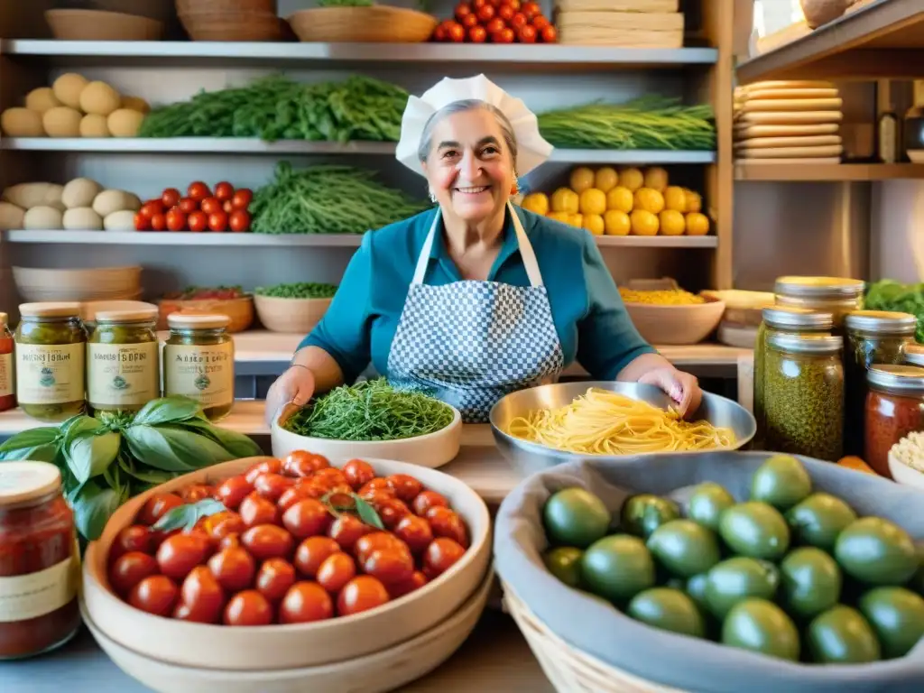 Un mercado italiano bullicioso con productos frescos y una nonna haciendo pasta a mano