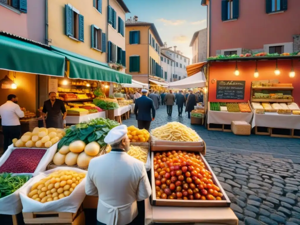 Un mercado italiano bullicioso con productos frescos, pasta variada, hierbas aromáticas y quesos locales