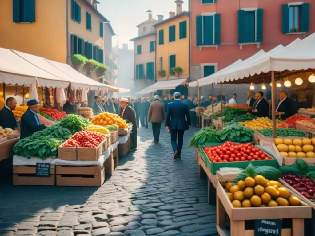 Un mercado italiano bullicioso con productos frescos y coloridos bajo la cálida luz del sol