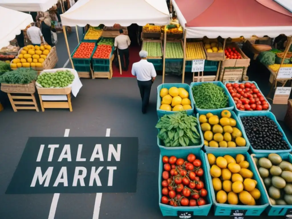 Un mercado italiano bullicioso con productos frescos y coloridos, ideal para una desintoxicación con sabores italianos