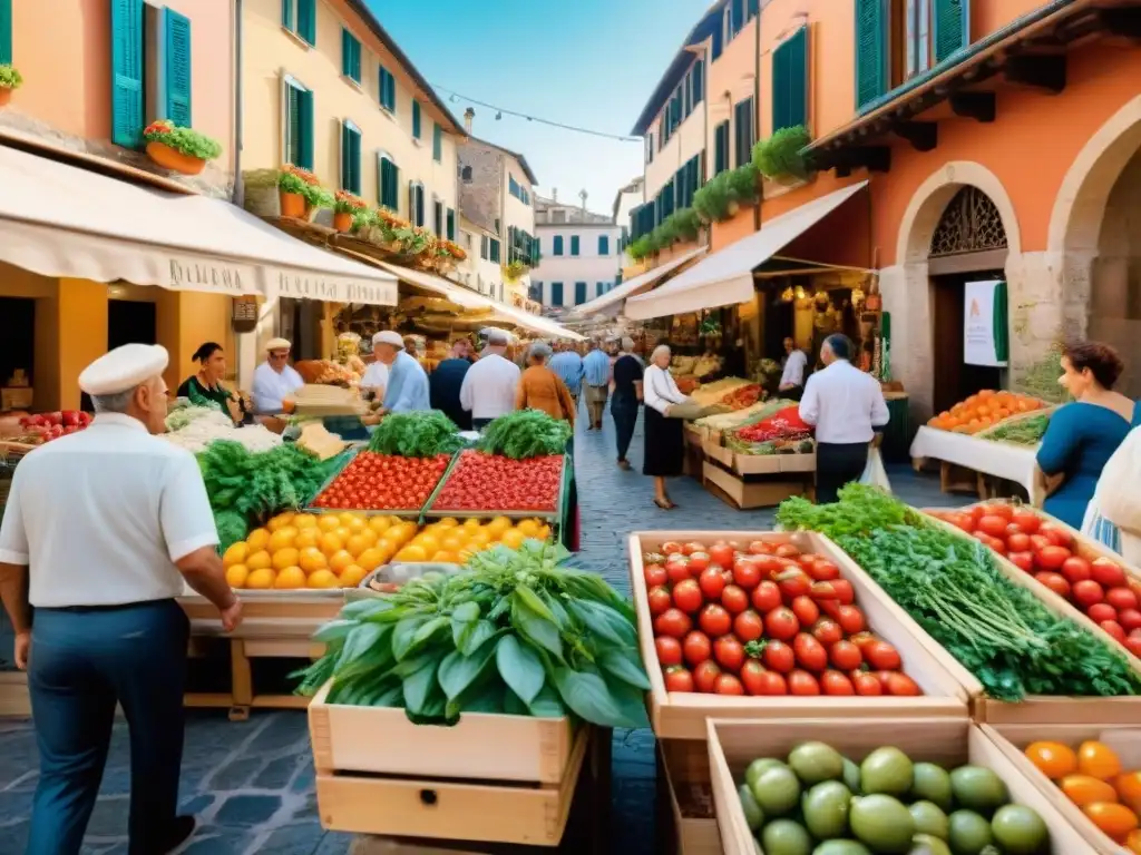 Mercado italiano bullicioso con productos frescos bajo el sol mediterráneo