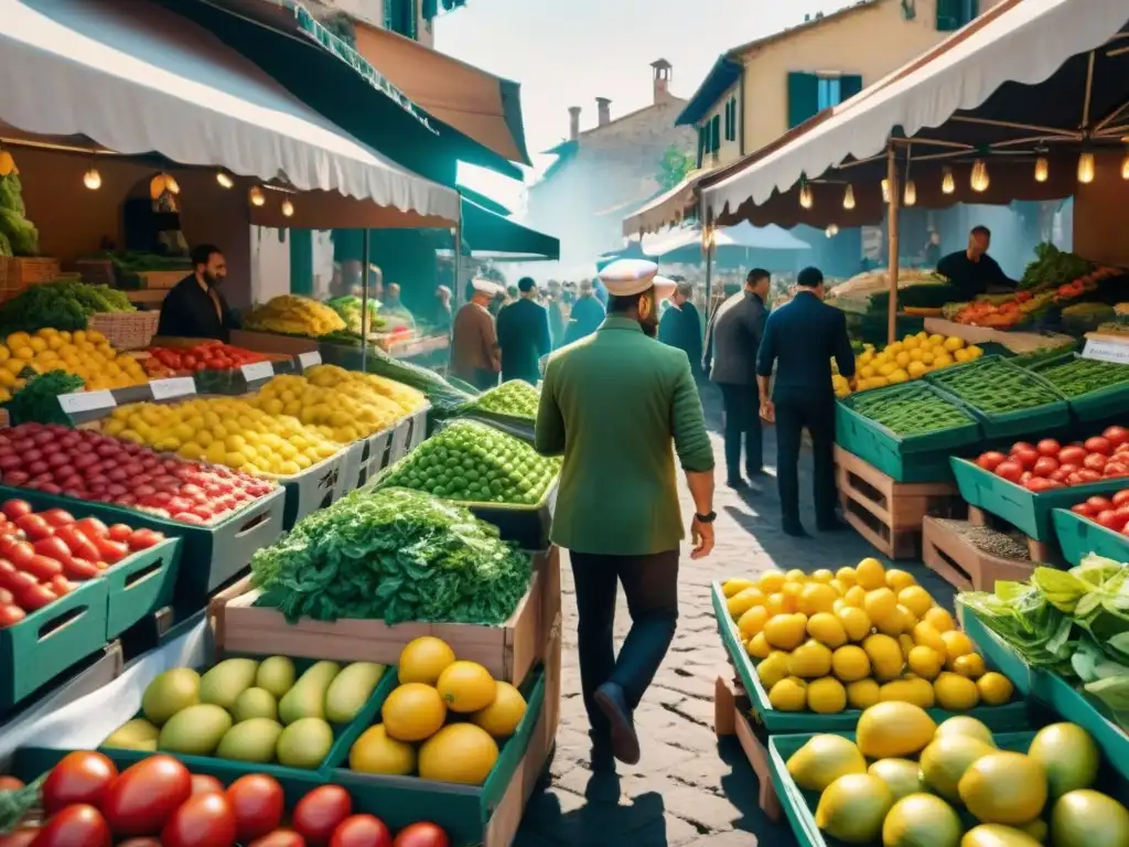 Un mercado italiano bullicioso con productos frescos y coloridos, locales seleccionando ingredientes y un chef examinando vegetales