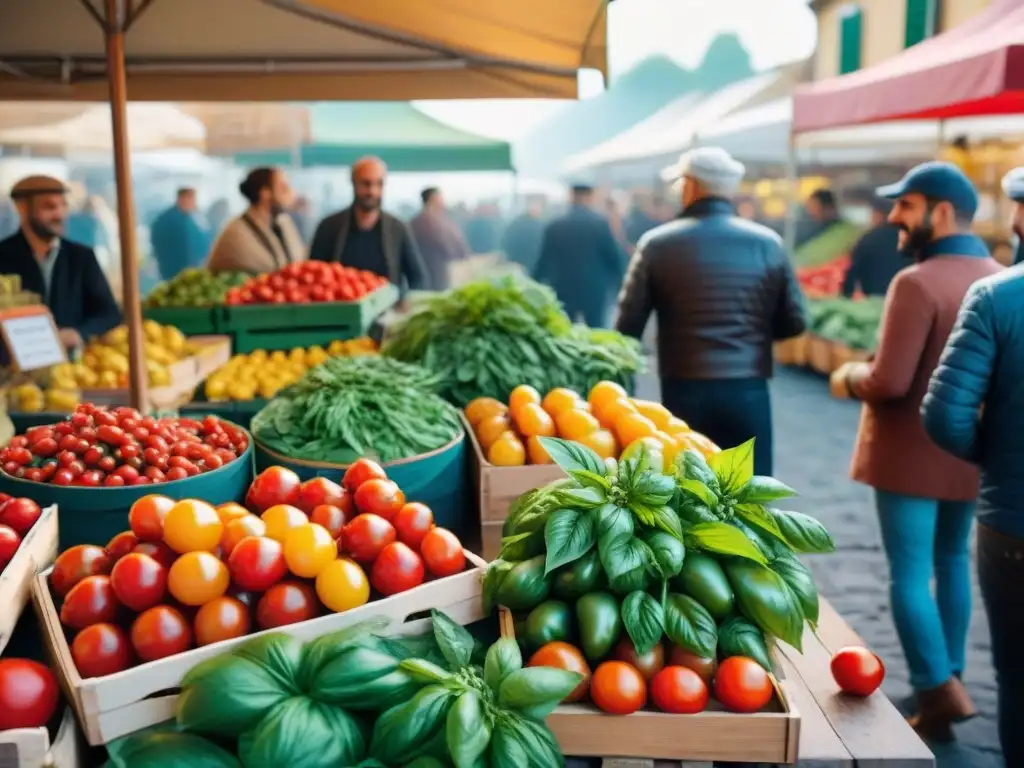 Un mercado italiano bullicioso con productos locales, promoviendo la cocina italiana y la sostenibilidad ambiental