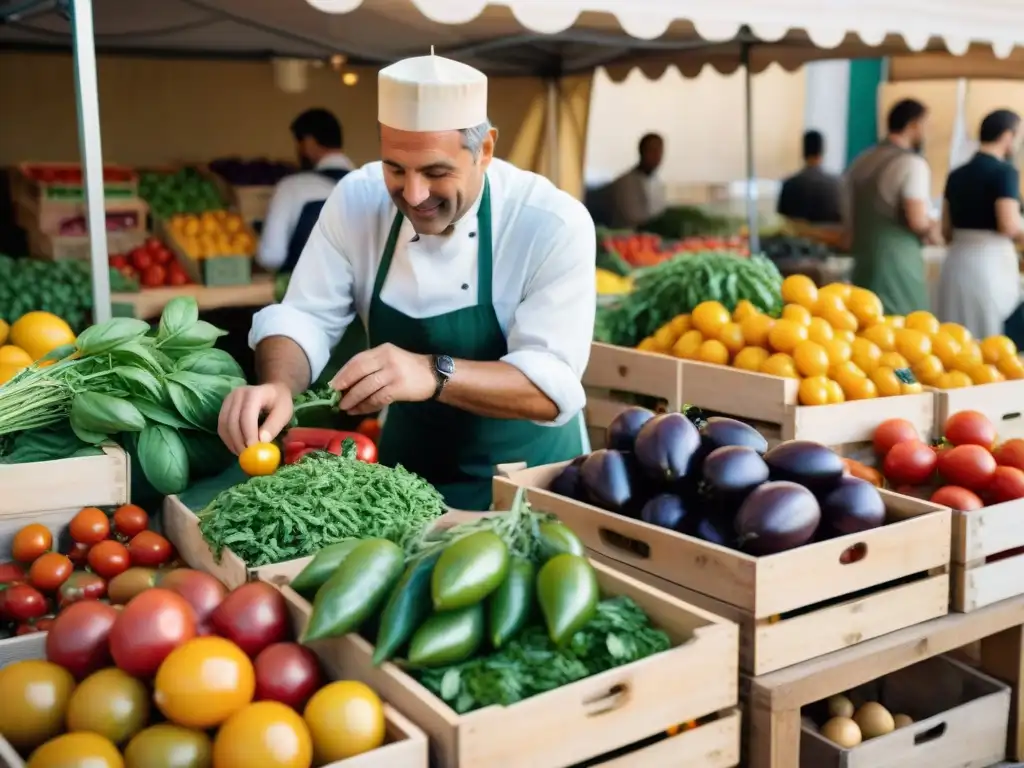 Un mercado italiano bullicioso con productos frescos y coloridos, donde cocineros y agricultores conectan en la reducción del desperdicio