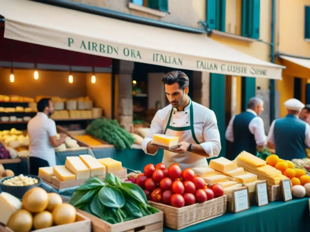 Mercado italiano bullicioso con productos frescos y coloridos, quesos artesanales y pasta casera