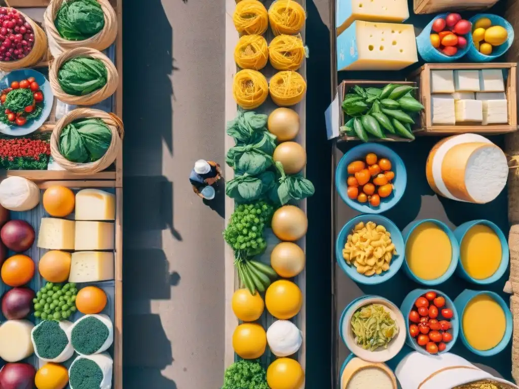 Un mercado italiano bullicioso con productos frescos y coloridos, donde la cocina moderna italiana se fusiona con raíces antiguas