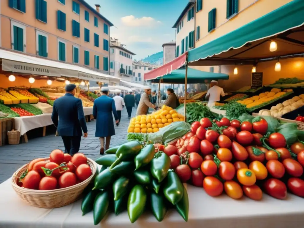 Un mercado italiano bullicioso con productos frescos y arquitectura tradicional, reflejando las Tendencias cocina italiana modernas