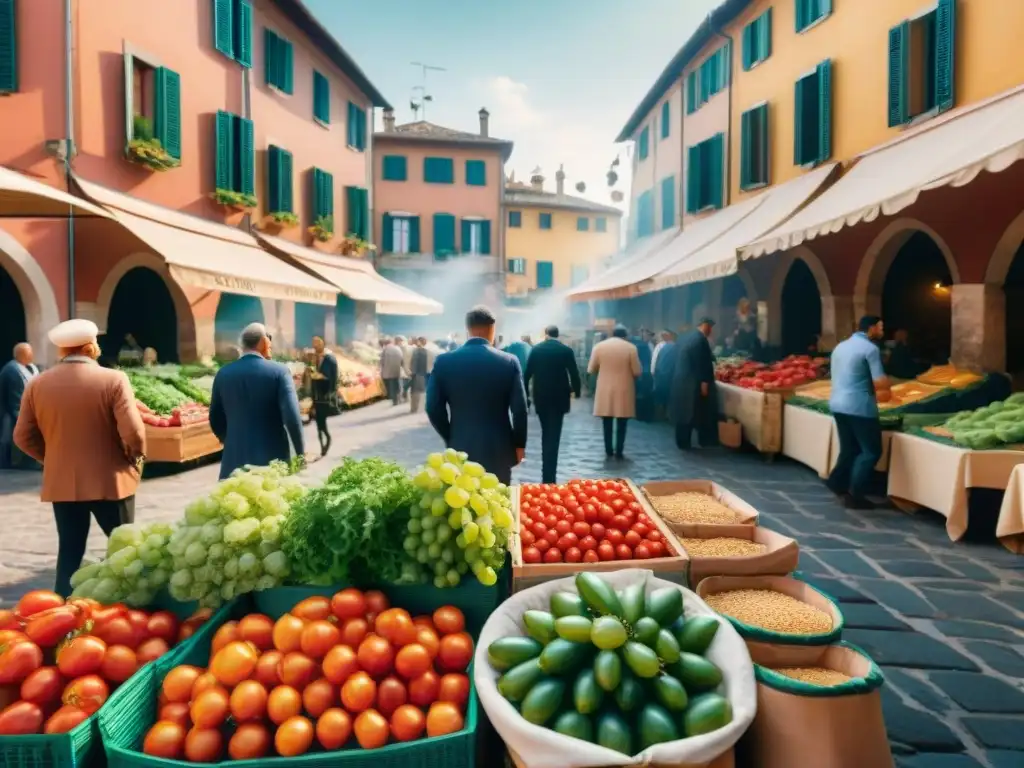 Un mercado italiano bullicioso con puestos de frutas y verduras frescas bajo la cálida luz dorada