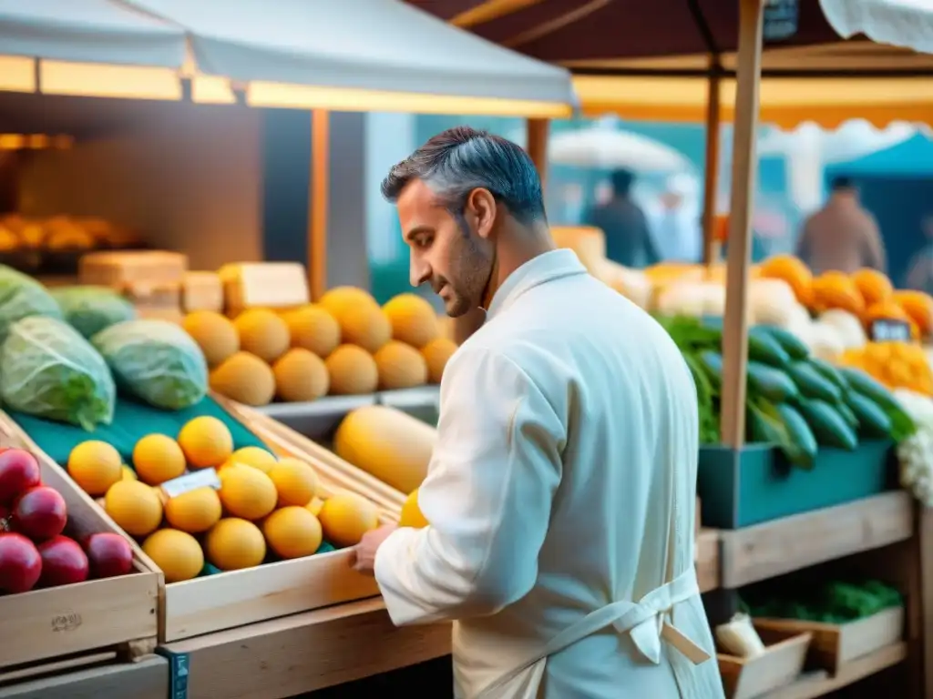 Un mercado italiano bullicioso con puestos coloridos rebosantes de productos frescos, quesos artesanales y hierbas aromáticas