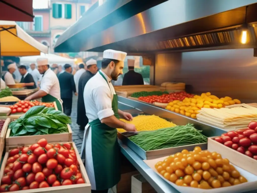 Un mercado italiano bullicioso con puestos de verduras frescas y chefs preparando platos tradicionales