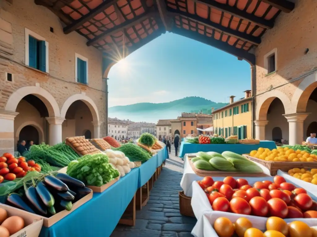 Un mercado italiano bullicioso con puestos de productos frescos y coloridos, reflejando la autenticidad del movimiento Slow Food en cocina italiana