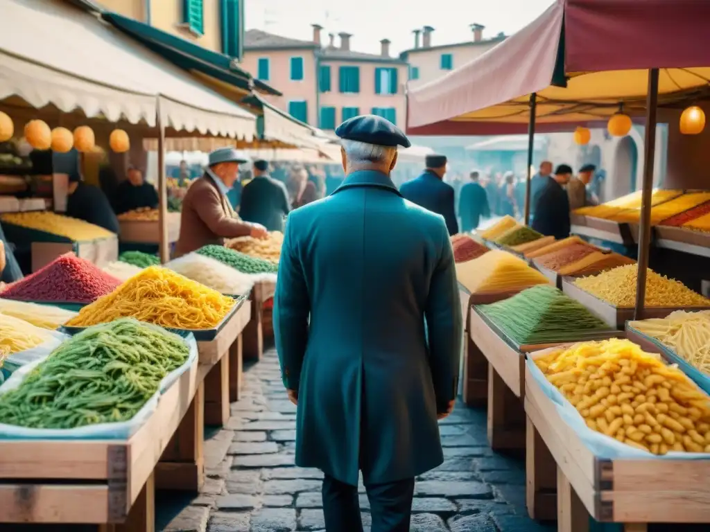 Mercado italiano bullicioso con puestos de pasta, vendedores y arquitectura tradicional