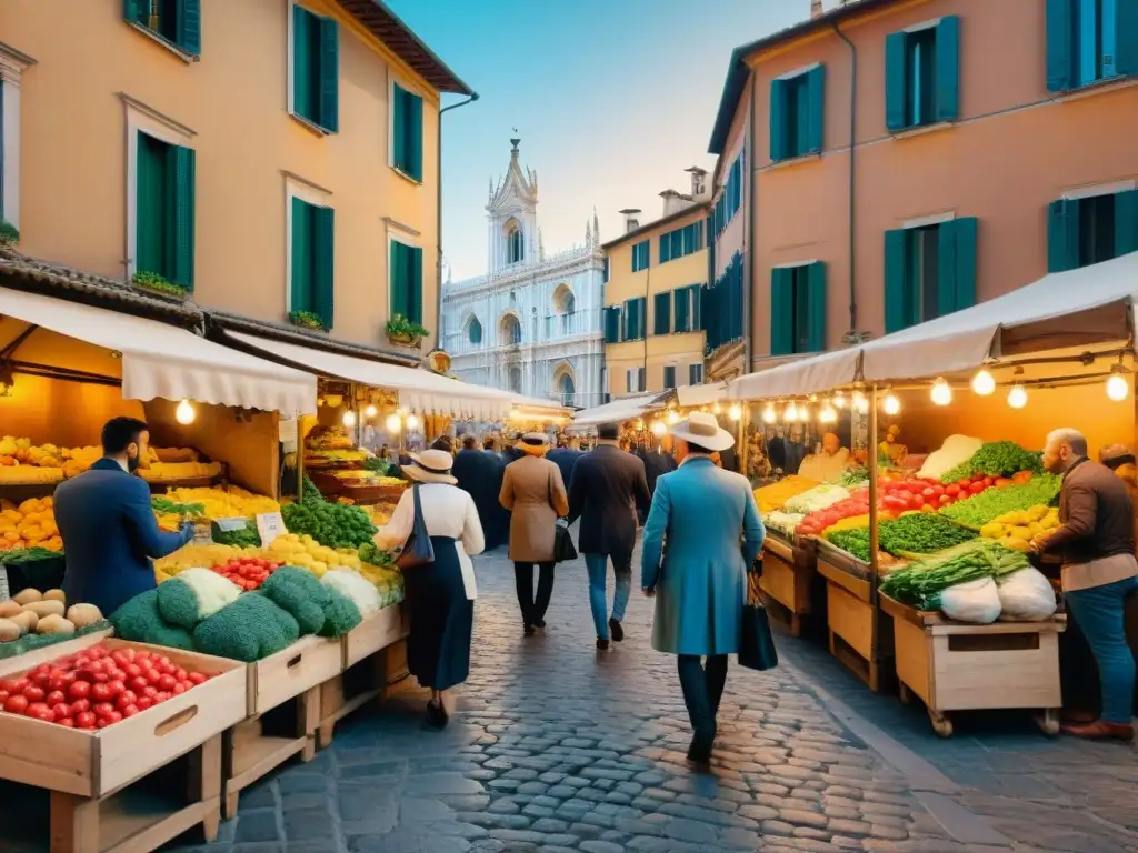 Un mercado italiano bullicioso con puestos de productos frescos, textiles coloridos y bienes tradicionales