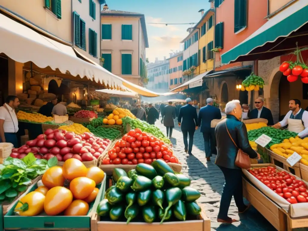 Un mercado italiano bullicioso con puestos de productos frescos y coloridos, que evoca la autenticidad de la cocina italiana