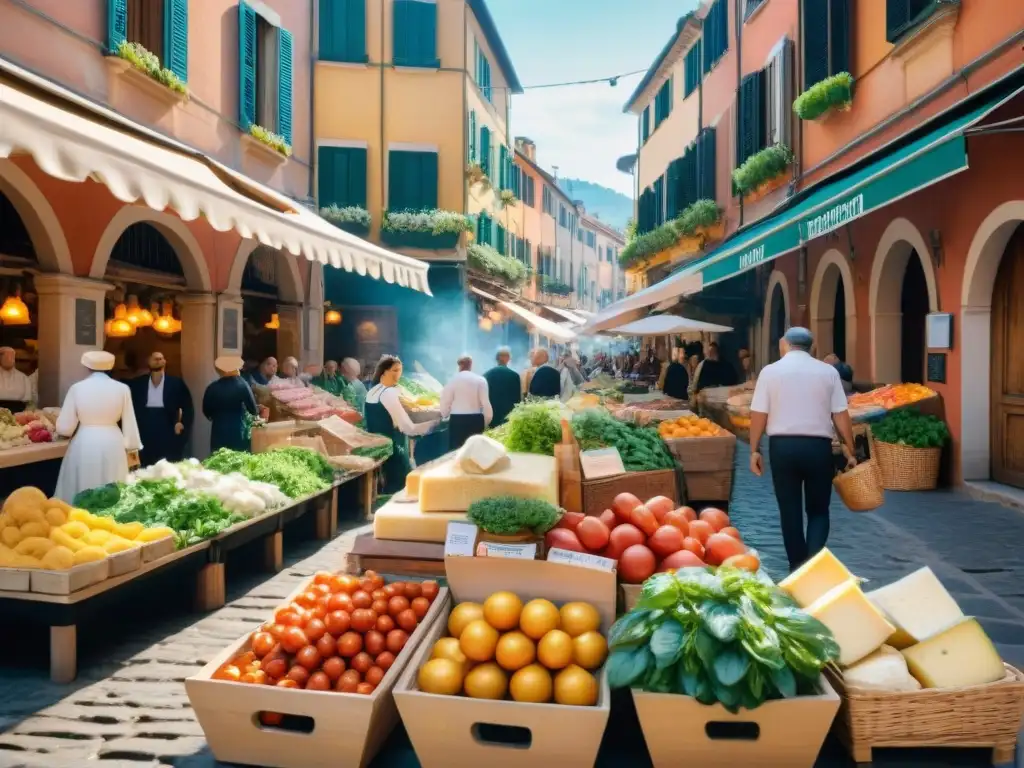 Un mercado italiano bullicioso con puestos de productos frescos, hierbas aromáticas y quesos artesanales