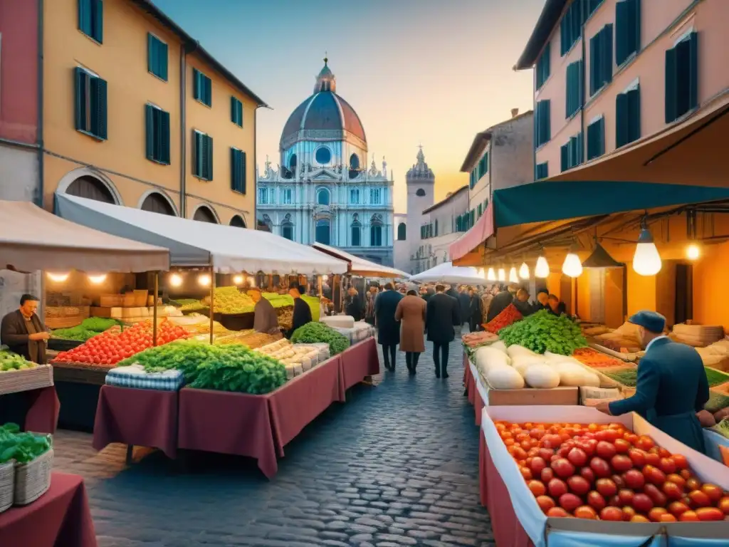 Un mercado italiano bullicioso con puestos coloridos rebosantes de productos frescos, como tomates maduros, albahaca fragante y quesos artesanales