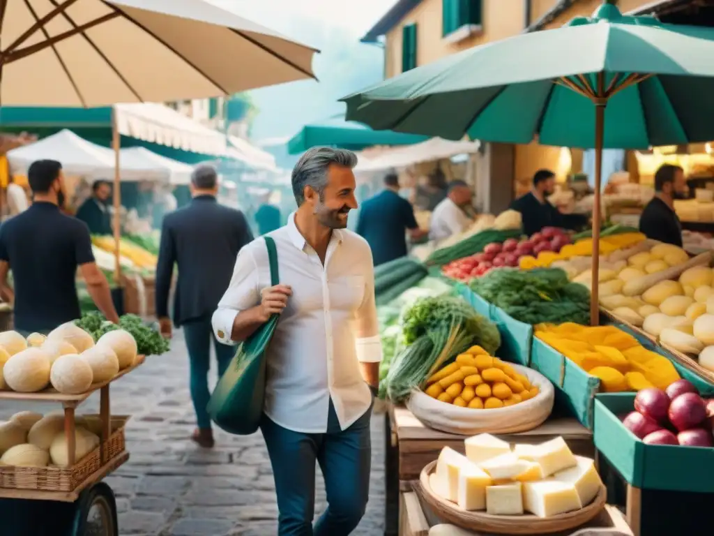 Un mercado italiano bullicioso con puestos coloridos rebosantes de productos frescos, quesos artesanales, pasta casera y hierbas aromáticas