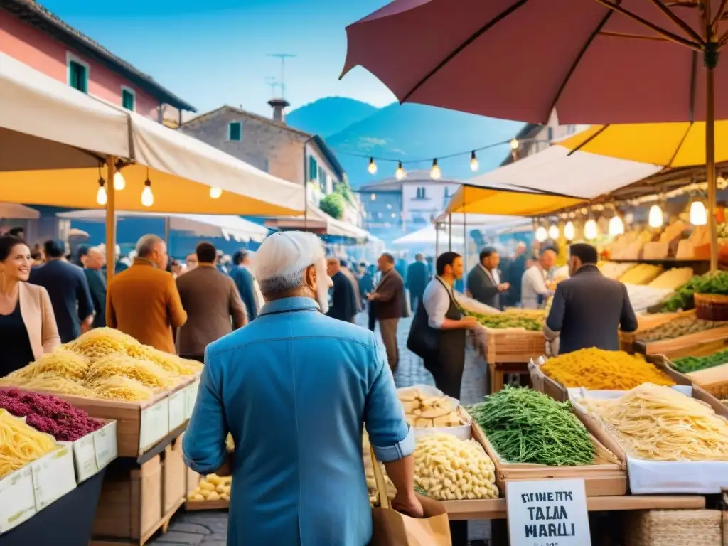 Un mercado italiano bullicioso con puestos coloridos ofreciendo cocina italiana tradicional y moderna