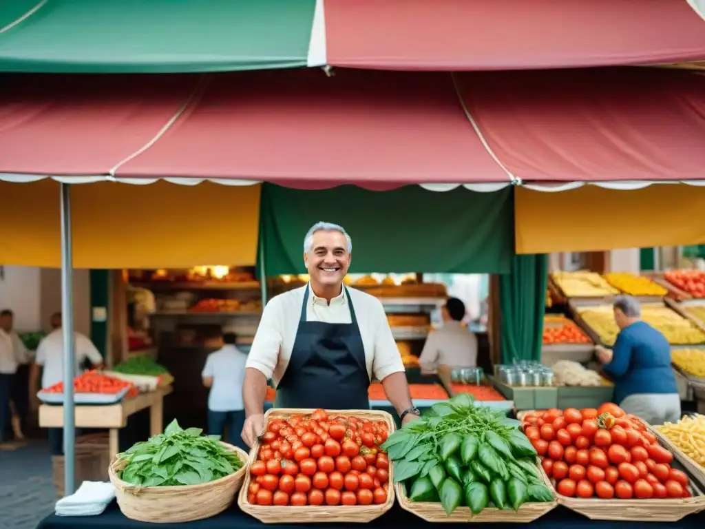 Un mercado italiano bullicioso con puestos coloridos rebosantes de tomates frescos, albahaca y ajo