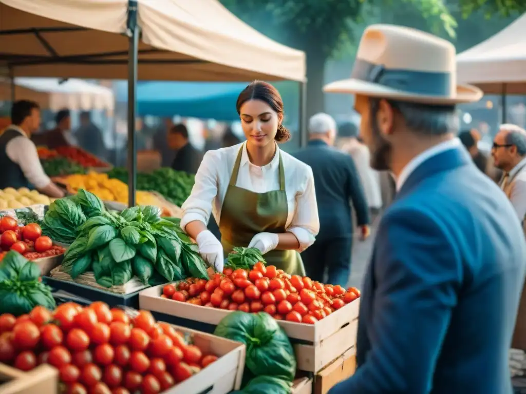 Un mercado italiano bullicioso con puestos coloridos llenos de ingredientes frescos como tomates, albahaca y ajo