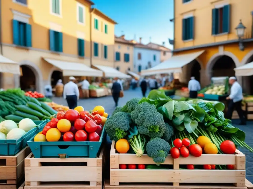 Mercado italiano bullicioso con puestos de productos frescos y coloridos, vendedores locales y edificios históricos bajo un cielo azul