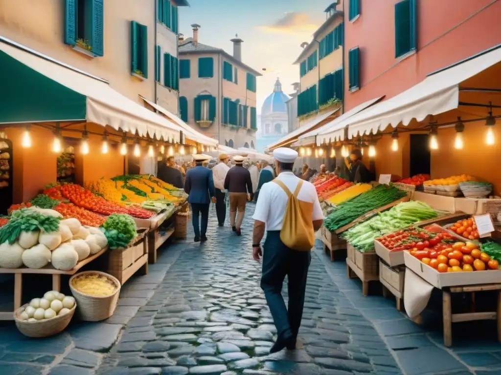 Mercado italiano bullicioso con puestos coloridos de productos frescos y vendedores locales, ideal para cursos cocina italiana tradicionales