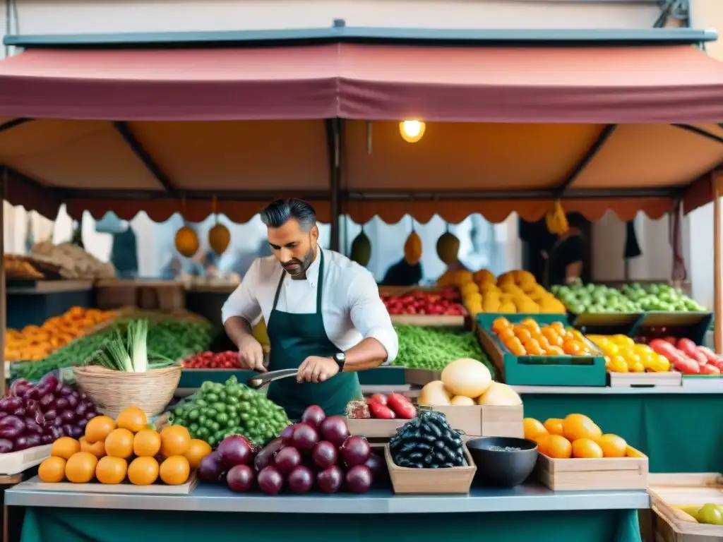 Un mercado italiano bullicioso con puestos de productos vibrantes, locales regateando ingredientes frescos y chefs preparando platos tradicionales