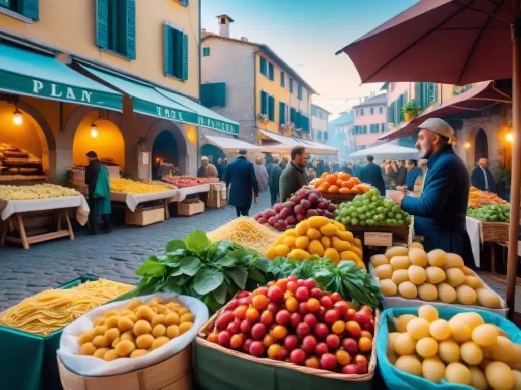 Un mercado italiano bullicioso con puestos de frutas y verduras coloridas, pasta fresca secándose al sol, y lugareños apasionados discutiendo recetas mientras toman espresso en un café tradicional