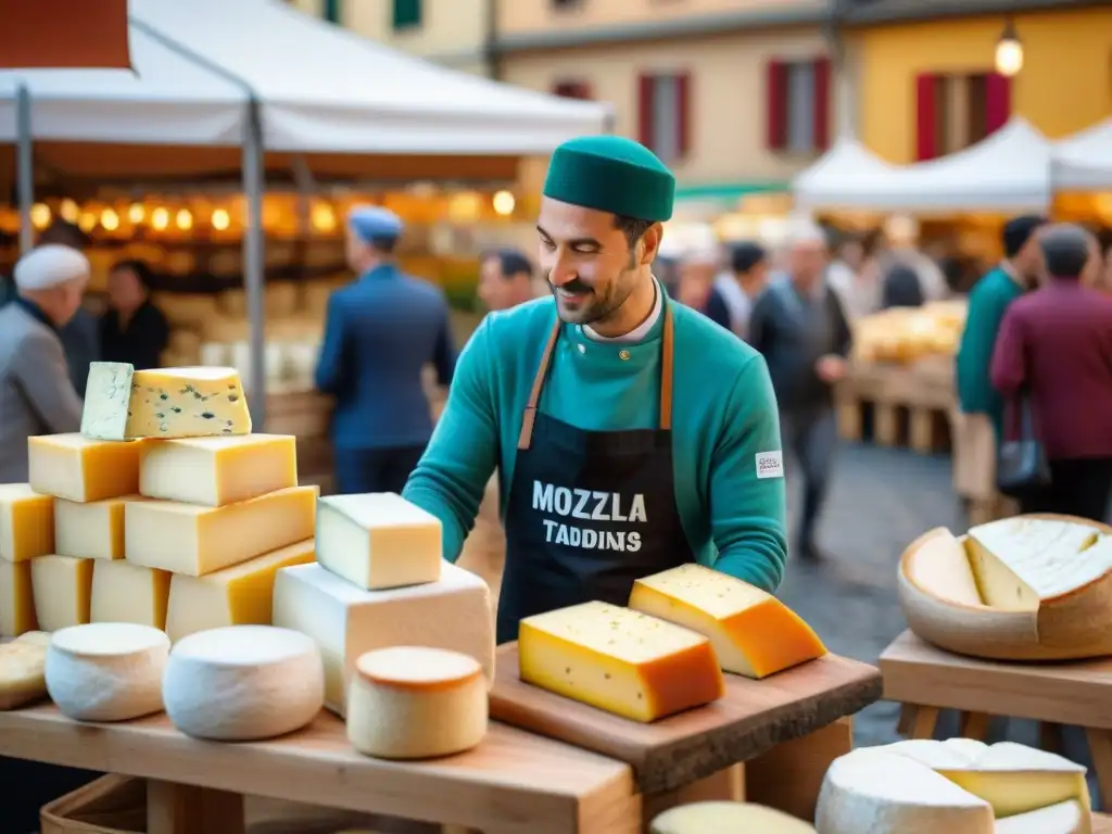 Mercado italiano bullicioso con quesos de mozzarella tradicional y tofu, reflejando influencia asiática en lácteos italianos