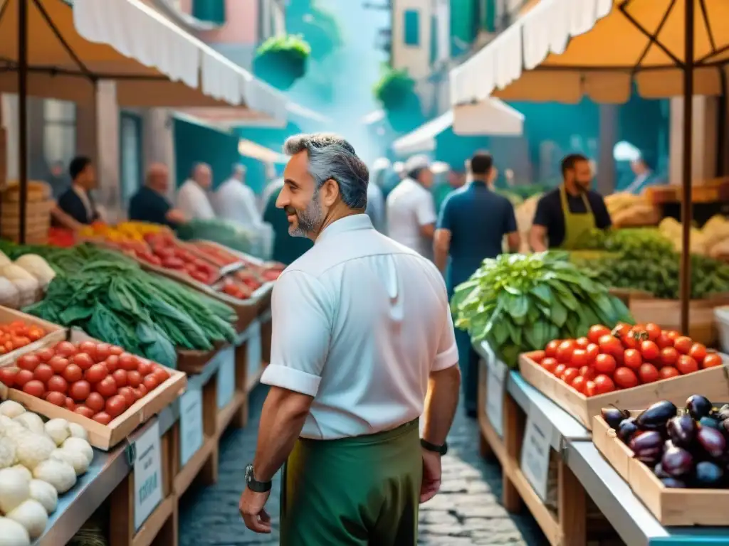 Mercado italiano bullicioso con recetas auténticas, antipastos, ingredientes frescos y chefs locales apasionados