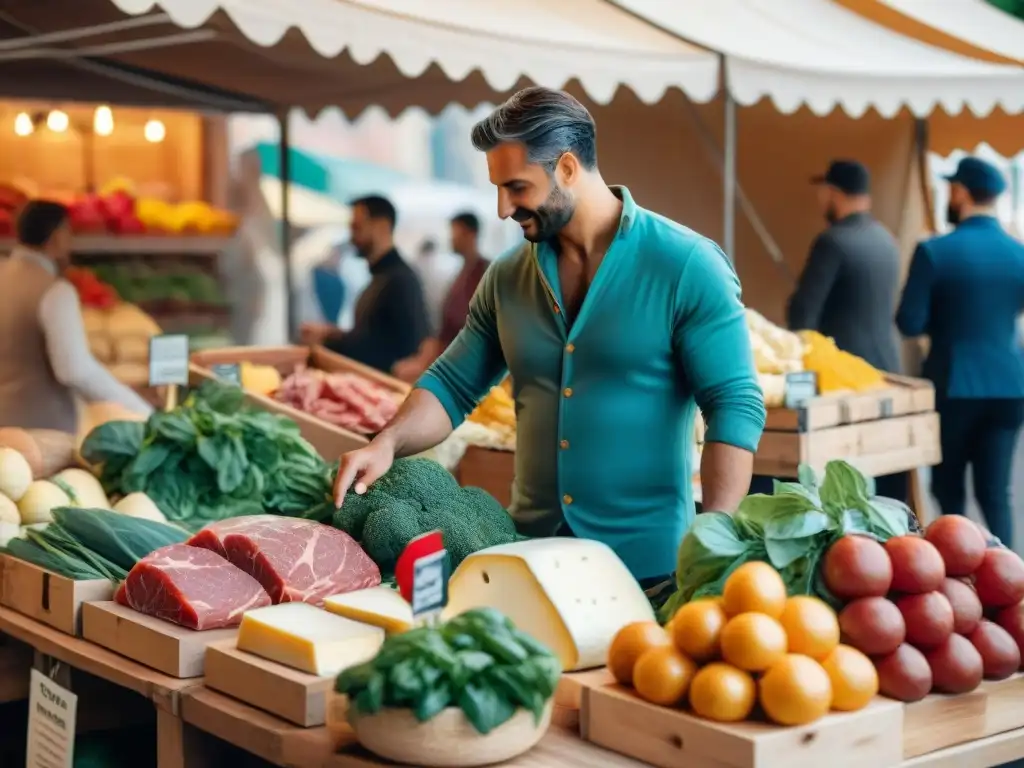 Un mercado italiano bullicioso repleto de coloridos puestos de productos frescos DOP y IGP