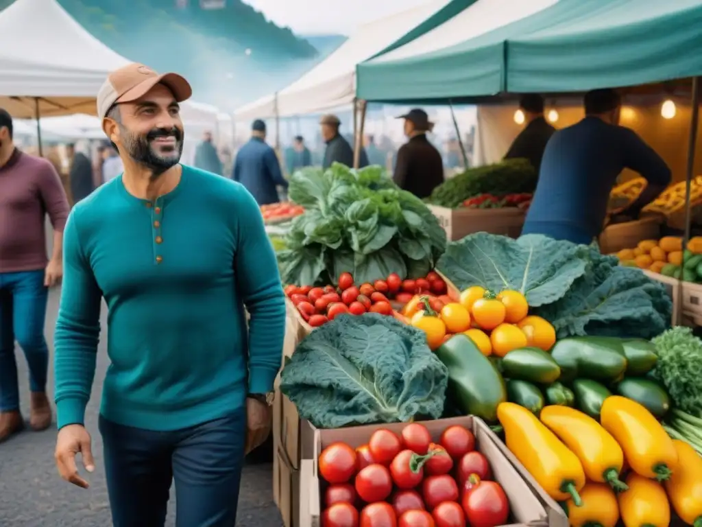 Mercado italiano bullicioso con superalimentos: tomates maduros, pimientos coloridos, kale y higos