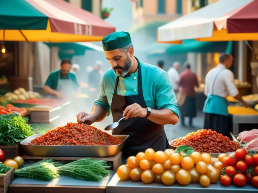 Un mercado italiano bullicioso con tomates frescos, hierbas aromáticas y cortes de carne