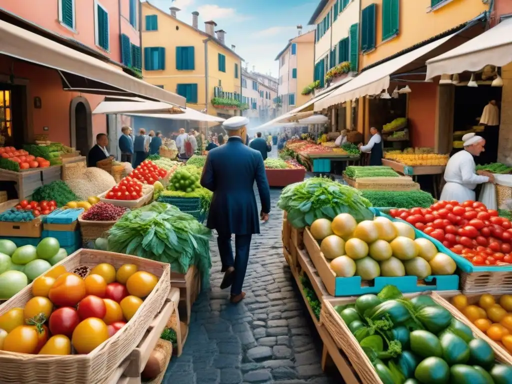 Un mercado italiano bullicioso muestra una variedad de productos frescos y coloridos, reflejando la tradición italiana que minimiza el desperdicio