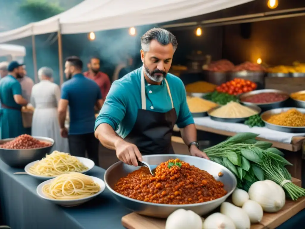 Un mercado italiano bullicioso con vendedores de productos frescos y un chef preparando salsa boloñesa