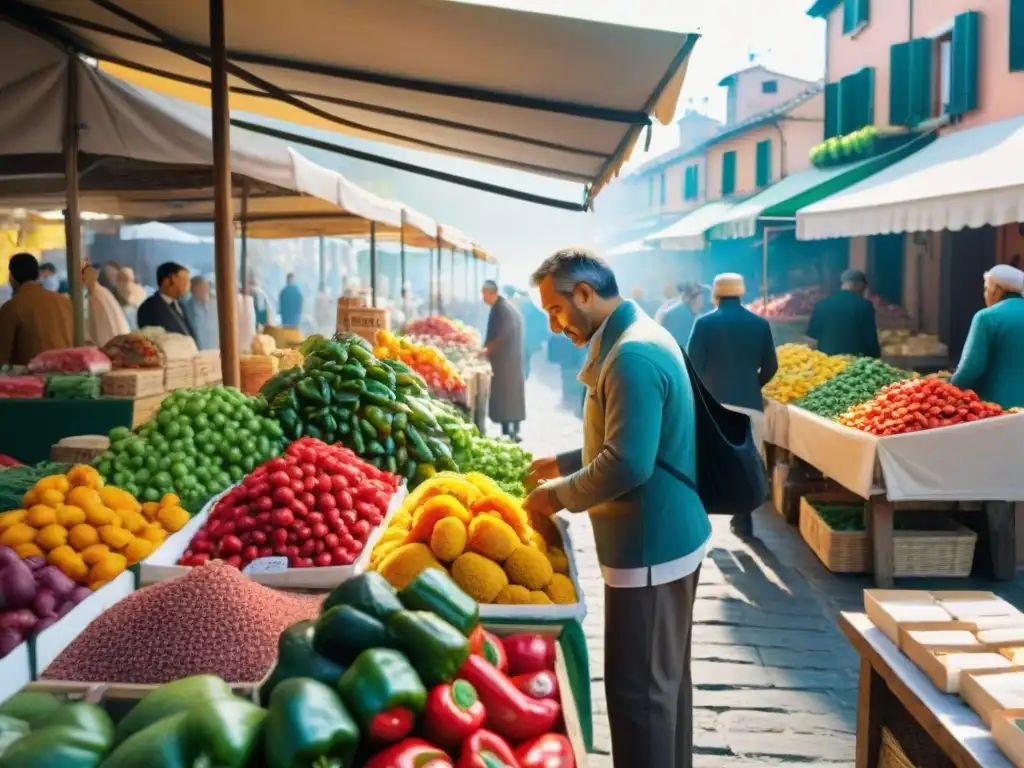 Un mercado italiano bullicioso con vendedores ofreciendo una variedad colorida de frutas exóticas y especias