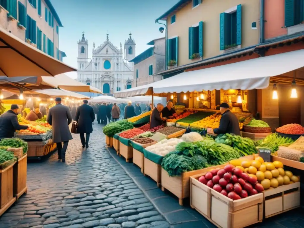 Un mercado italiano bullicioso con vendedores de productos frescos y coloridas especias bajo sombrillas vibrantes